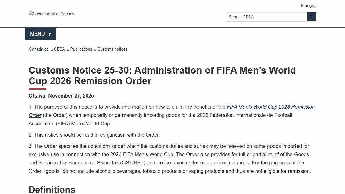 Customs Notice 25-30: Administration of FIFA Men’s World Cup 2026 Remission Order
